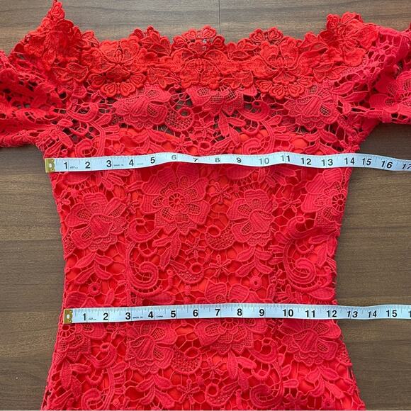 Paper Dolls | Women’s Red Crochet Lace Bardot Dress Off Shoulder Party Cocktail - Picture 15 of 15